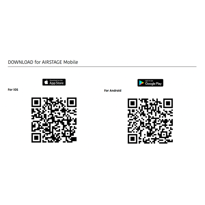 QR codes for downloading apps on iOS and Android platforms.