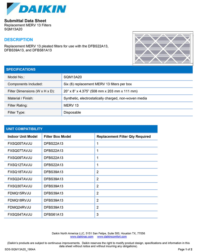 Daikin SQM13A20 Replacement Media for DBS Filter Cabinet