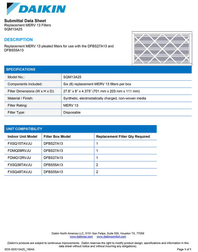 Daikin SQM13A25 Replacement Media for DBS Filter Cabinet 2-Pack